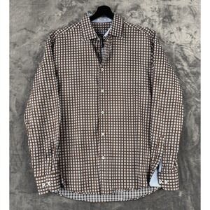 Bugatchi Uomo Shirt Men L Brown & Blue Plaid Long Sleeve Flip Cuff 100% Cotton